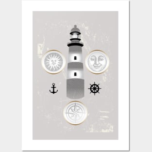 Nautical illustration of sun, moon and lighthouse in retro stamp design Posters and Art